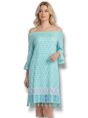 Cabana Life Teal & White Off Shoulder Coverluxe Smocked Dress. Women’s Sz Medium